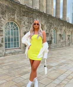 Kaiia STRAPPY MINI CURVED HEM DRESS LIME