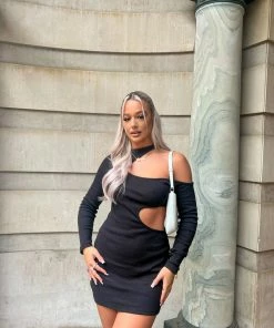 Kaiia CUT OUT DETAIL RIBBED DRESS BLACK