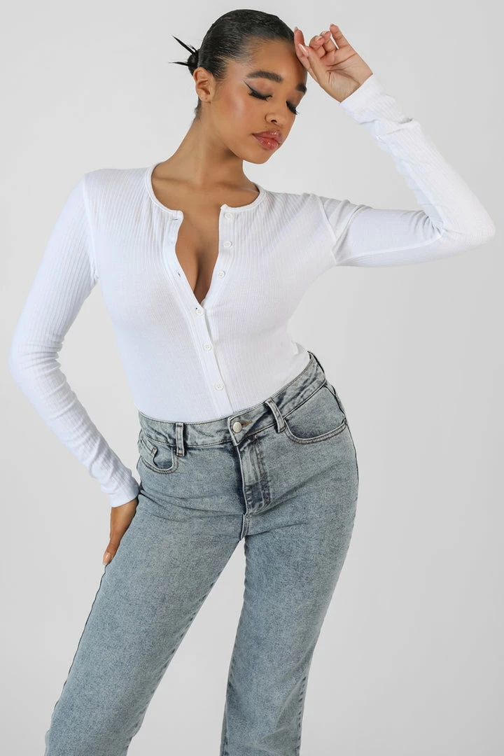 Kaiia FRONT BUTTON LONG SLEEVE RIBBED BODYSUIT WHITE 6 Kaiia FRONT BUTTON LONG SLEEVE RIBBED BODYSUIT WHITE