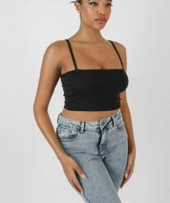 Kaiia SQUARE NECK RIBBED CROPPED TOP BLACK 9 Kaiia SQUARE NECK RIBBED CROPPED TOP BLACK