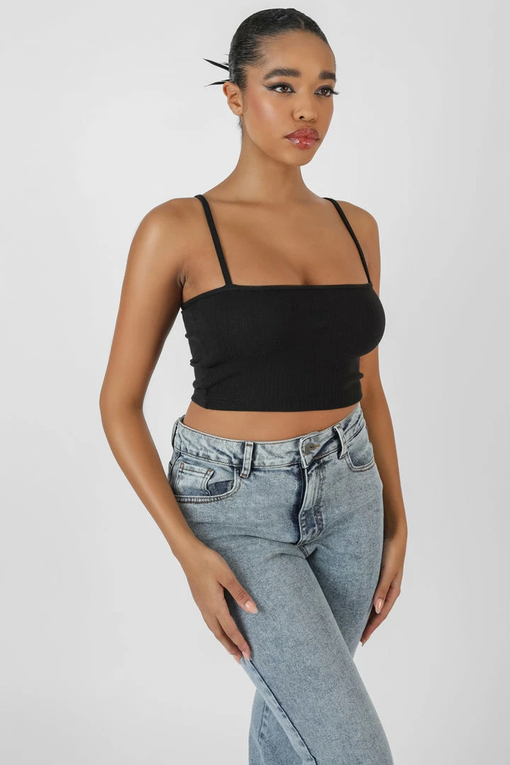 Kaiia SQUARE NECK RIBBED CROPPED TOP BLACK 6 Kaiia SQUARE NECK RIBBED CROPPED TOP BLACK