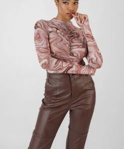 Kaiia CLOTHING PRINTED MESH HIGH NECK BODYSUIT BROWN