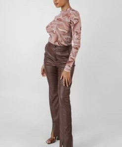 Kaiia CLOTHING PRINTED MESH HIGH NECK BODYSUIT BROWN