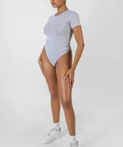 Kaiia CLOTHING CREW NECK CAP SLEEVE TSHIRT BODYSUIT GREY MARL