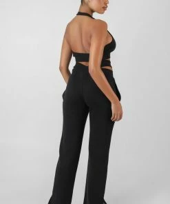 Kaiia SUPER CROPPED HALTER NECK RIBBED CROP TOP BLACK