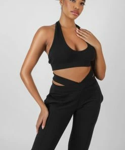Kaiia SUPER CROPPED HALTER NECK RIBBED CROP TOP BLACK