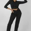 Kaiia BUTTON FRONT LONG SLEEVE CROP TOP BLACK
