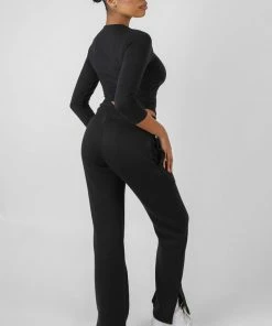 Kaiia BUTTON FRONT LONG SLEEVE CROP TOP BLACK