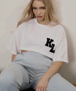Kaiia VARSITY SUPER CROPPED T-SHIRT WHITE CLOTHING
