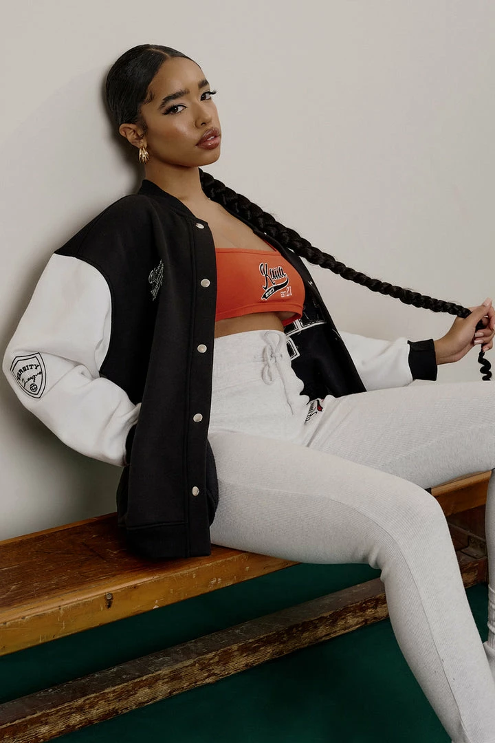 Kaiia VARSITY EMBROIDERY TIE WAIST LEGGING OATMEAL MARL 3 Kaiia VARSITY EMBROIDERY TIE WAIST LEGGING OATMEAL MARL