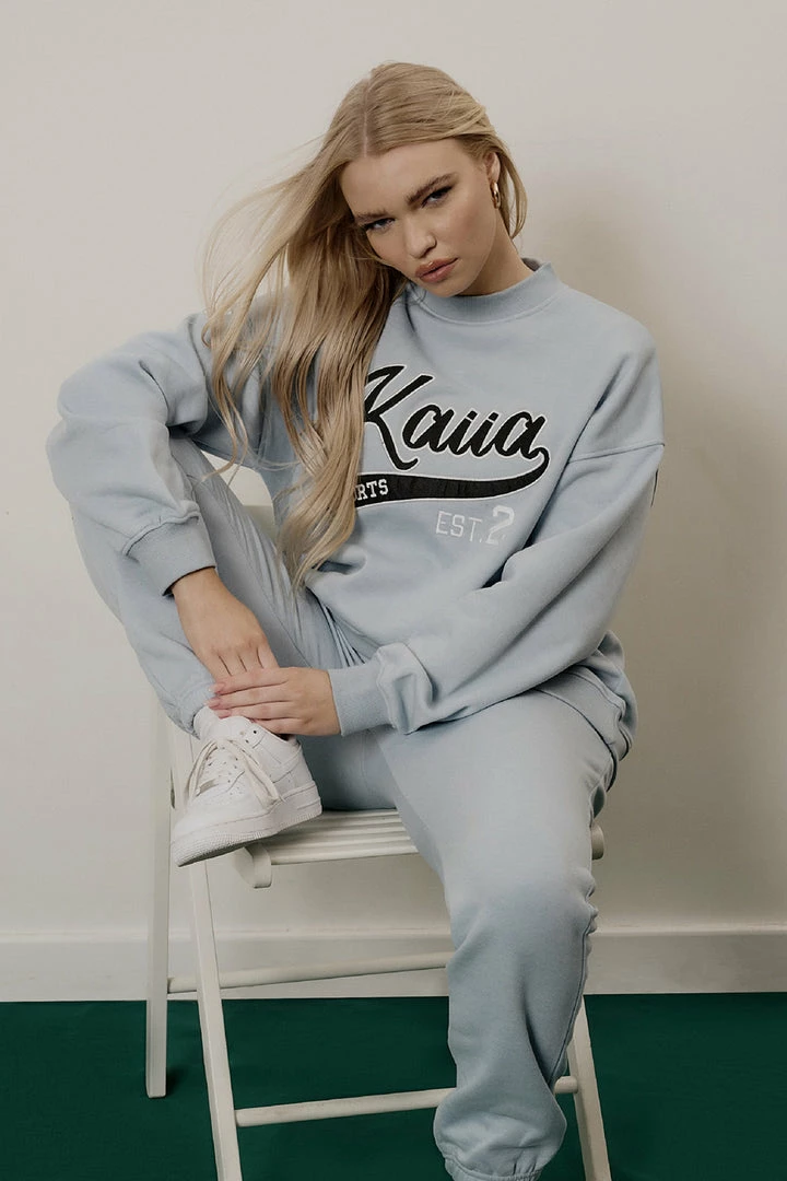 Kaiia VARSITY EMBROIDERY SWEATSHIRT ICE BLUE 3 Kaiia VARSITY EMBROIDERY SWEATSHIRT ICE BLUE