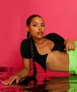 KAIIA TRIM FLUFFY KNIT TOP BLACK