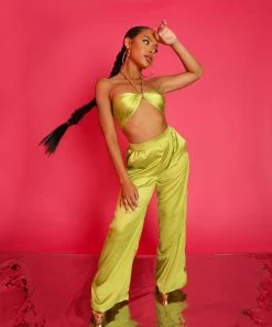 Kaiia WIDE LEG SATIN TROUSERS LIME CLOTHING 14 Kaiia WIDE LEG SATIN TROUSERS LIME CLOTHING
