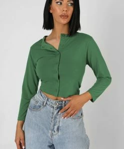 Kaiia CLOTHING BUTTON FRONT LONG SLEEVE CROP TOP KHAKI